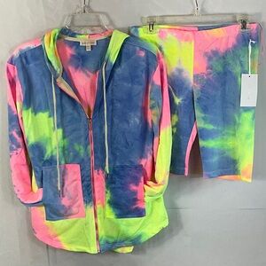 Rose Velvet Neon Pink/Blue TieDye Biker Short Hoodie Set With Pockets Size Large